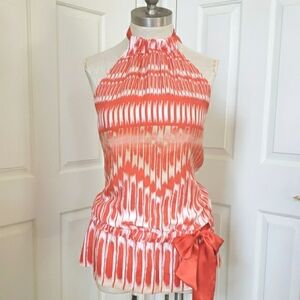 VINTAGE 90s Y2K Silk Halter Top Orange Cream Tan Sleeveless Backless Peplum